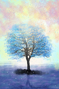 植树天空背景图片_唯美夏季蓝色树插画背景