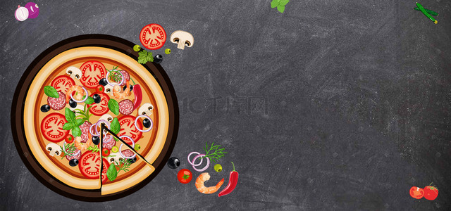 披萨简约黑色banner外卖快餐活动宣传x展架牛排促销季几何美食背景