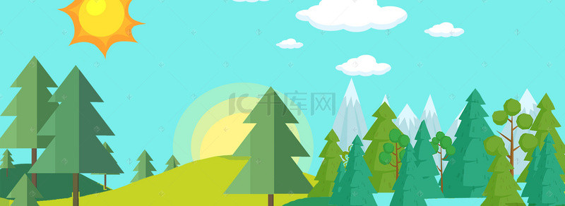 简约森林卡通背景图片_卡通扁平森林风景旅游banner背景