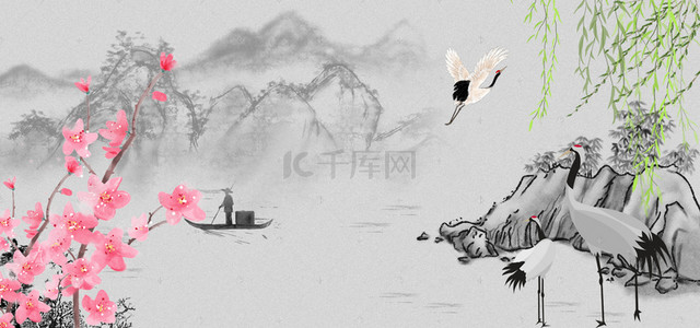复古中国风促销海报背景图片_桃花仙鹤中国风白色banner背景
