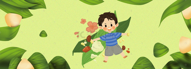 手绘粽子海报背景图片_绿色温馨孩童端午节海报背景