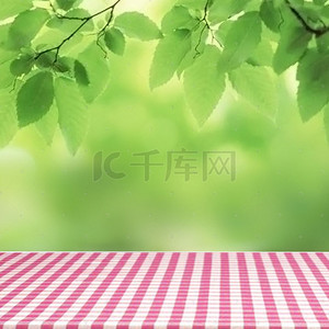 桌布背景背景图片_清新绿色树荫粉色桌布背景