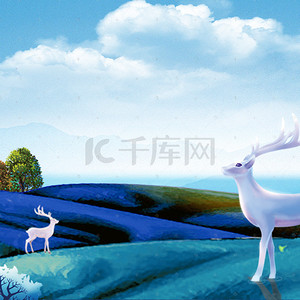 手绘麋鹿背景图片_蓝色手绘新中式回归自然夏季山坡麋鹿背景
