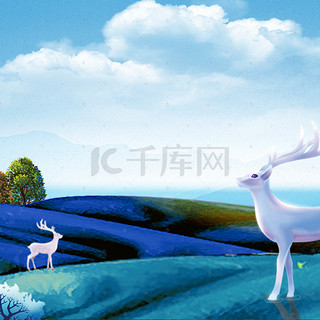 中式背景背景图片_蓝色手绘新中式回归自然夏季山坡麋鹿背景