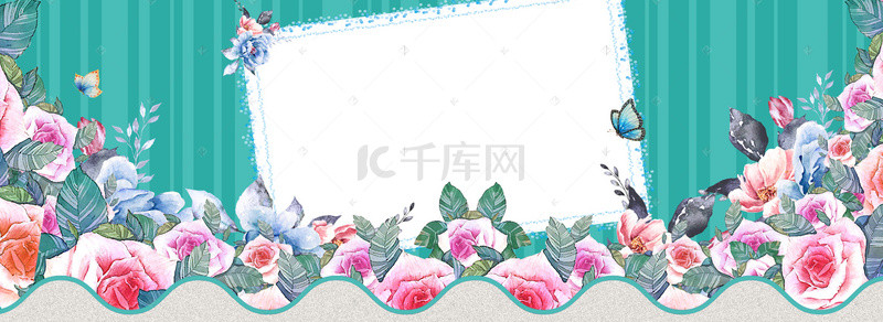 广告背景简约几何背景图片_春天手绘玫瑰花朵梦幻条纹蓝色banner