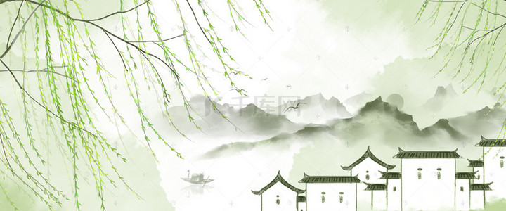柳树古风背景背景图片_清明节踏青中国风水墨背景