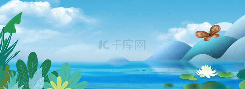 荷花绿背景背景图片_蓝色唯美清新夏季旅行湖水绿植背景