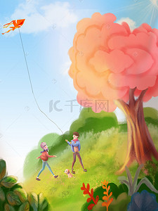 春季卡通手绘背景图片_春季卡通儿童放风筝背景