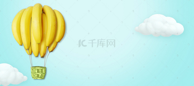 蓝色背背景图片_蓝色香蕉热气球创意水果banner背景