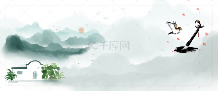 中国风水墨画江南小镇banner