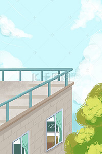 卡通清新风景背景图片_小学学校楼房顶上的小清新风景背景