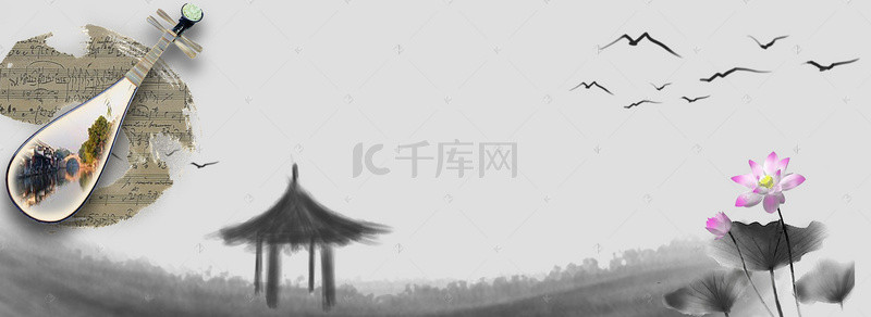 中国风水墨花瓣背景图片_中国风琵琶花瓣灰色背景素材