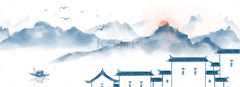 水墨山水小船背景图片_山水水墨风景背景banner图