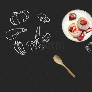 实木背景图片_黑板粉笔写实植物实木勺子美食宣传海报背景