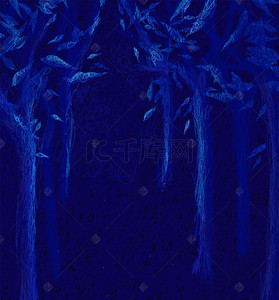插画手绘树木背景图片_手绘卡通紫蓝色森林插画背景