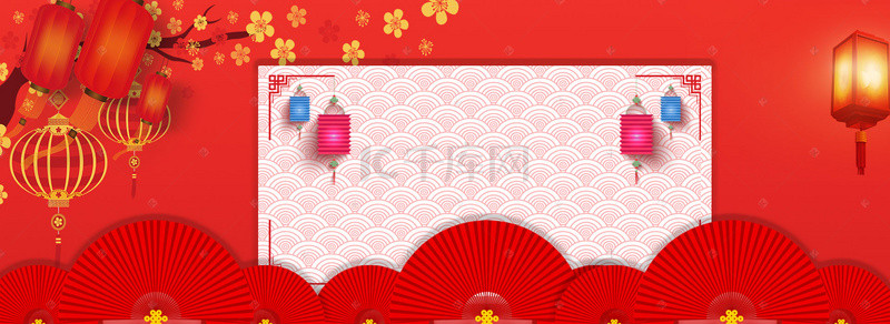 红色梅花灯笼背景图片_红色喜庆灯笼扇子云谢师宴banner背景