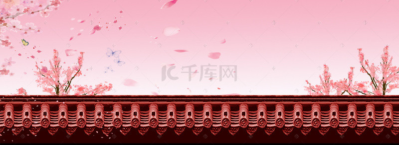 中国风古建筑粉色渐变平面banner