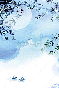 明月手绘背景图片_秋天竹子书法水彩中国风手绘插画