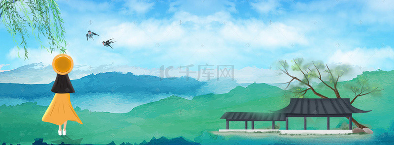 清新水墨风景背景图片_清新水墨蓝绿banner