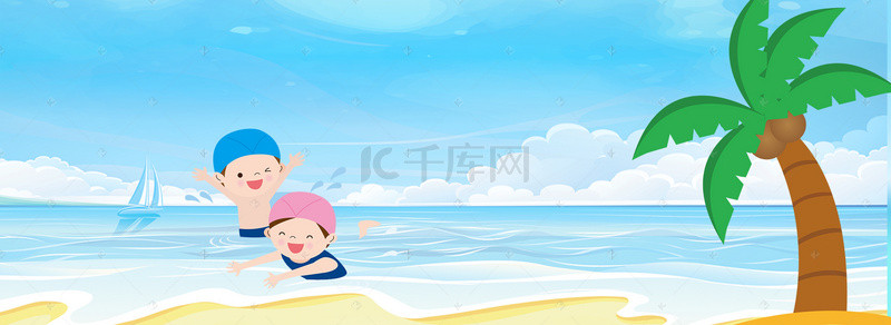 海边游泳背景图片_夏日海边游泳卡通蓝色背景