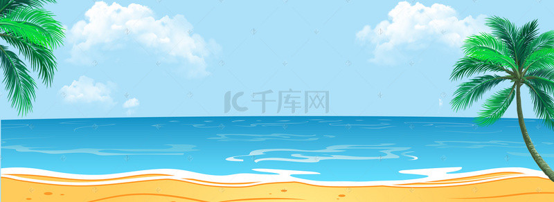 蓝色天空背景海报背景图片_夏日海边蓝色天空棕榈树沙滩背景海面