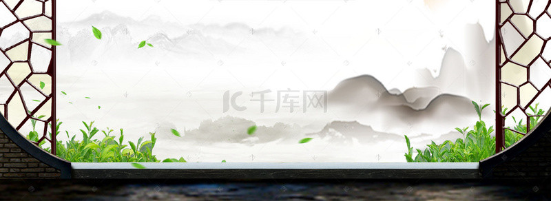 中国风山水古风水墨背景图片_茶叶门框文艺古风banner