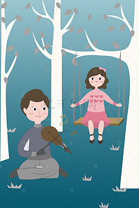 爸爸女儿卡通背景图片_秋天爸爸和女儿在郊外树林游玩背景