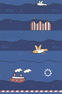 蓝色可爱卡通轮船飞鸟儿童壁画壁纸背景图