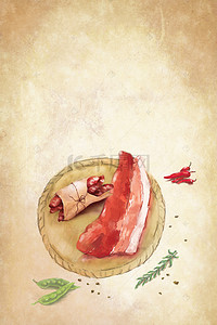 特色美食素材背景图片_复古风简约湖南土特产腊肉美食海报背景素材