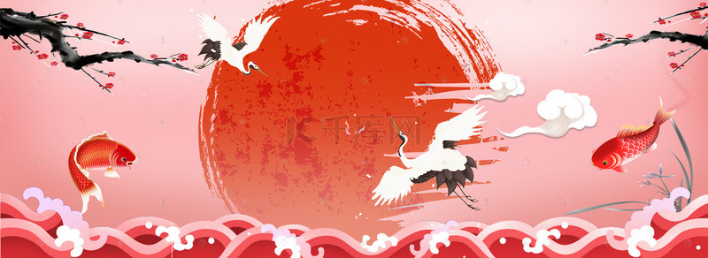 红色中国风仙鹤背景图片_红色国际中国风海浪仙鹤鱼儿背景