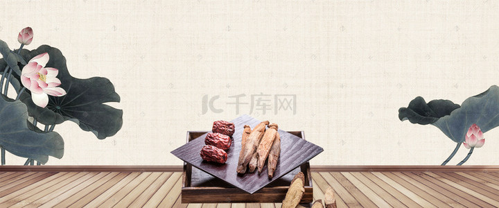 中医文化海报背景图片_麻布纹理中国风荷花中医文化海报背景素材