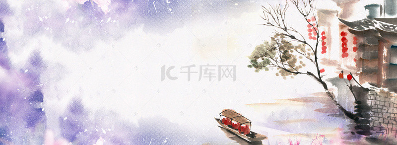 建筑大气海报背景图片_中国风复古式唯美紫色建筑banner海报
