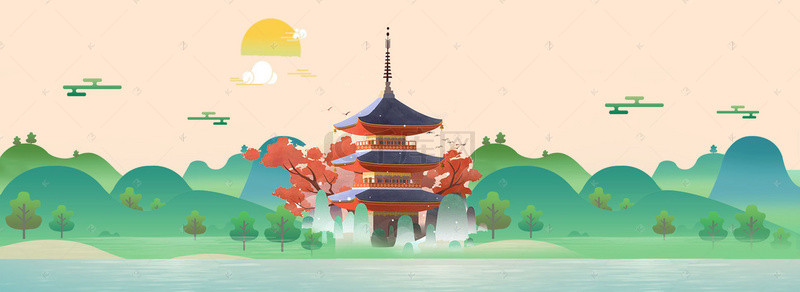 手绘古风树木背景图片_古风建筑山川手绘banner