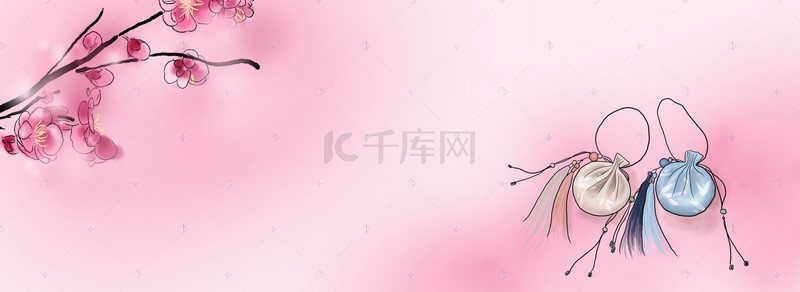 中国水墨手绘桃花香囊背景