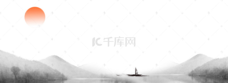 小船山水背景图片_水墨山水落日小船山水背景banner图