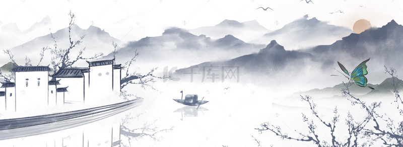 风水背景图片_中国风水墨画乡村banner