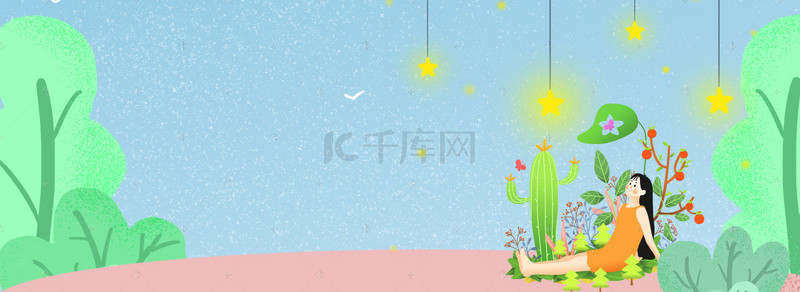 绿色清新植物背景背景图片_女神节绿色清新植物女孩插画背景