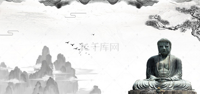 佛禅意背景图片_水墨彩绘茶佛禅意banner