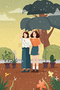 手绘卡通两个女孩在树下敬礼背景
