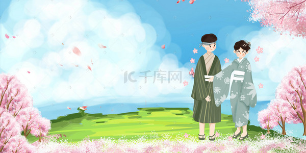 日本和服和服背景图片_情侣日本旅游背景海报