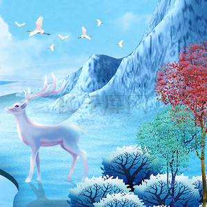 蓝色手绘新中式回归自然夏季河流背景