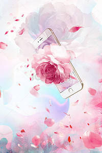手机创意海报背景图片_浪漫花瓣立体手机生活创意宣传海报背景