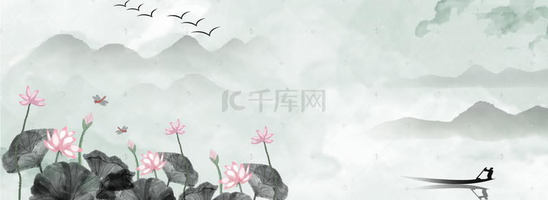 泼墨banner背景图片_荷花建筑中国风边框banner