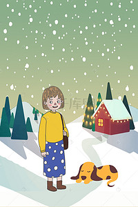 插展板背景图片_十一月你好插画风女孩在雪地村庄手绘海报