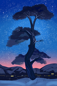 手绘唯美树木背景图片_手绘卡通唯美星空夜景背景