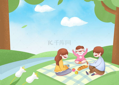 手绘幸福一家人背景图片_韩式清新幸福家庭一家人大炮团聚海报背景