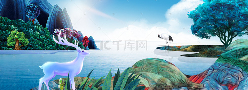 户外背景夏季背景图片_蓝色手绘新中式夏季河流山水背景