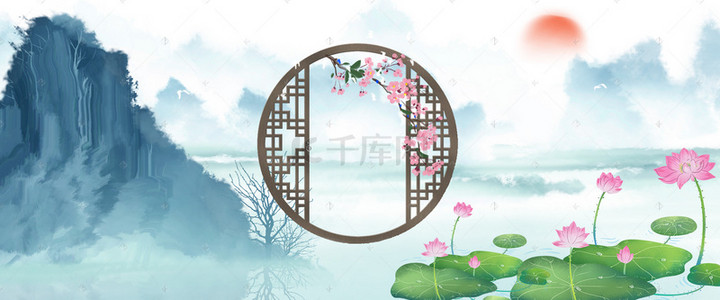 花卉海报背景图片_复古中国风六月荷花风景图
