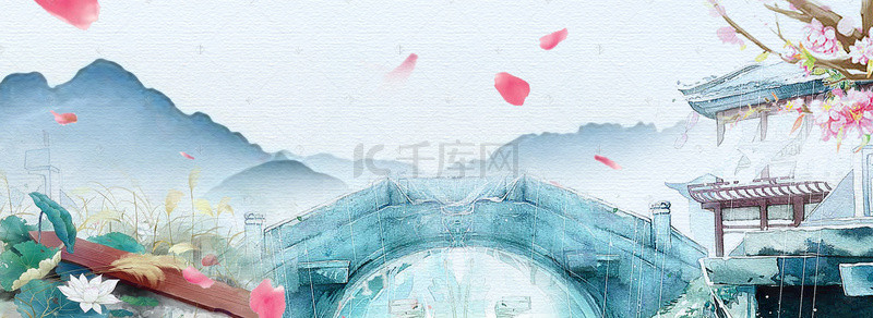 中国风石桥背景图片_清雅中国风江南古镇背景