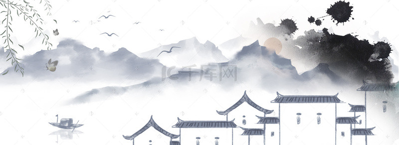 大气背景图片_大气中国风山水间的古亭房地产背景素材